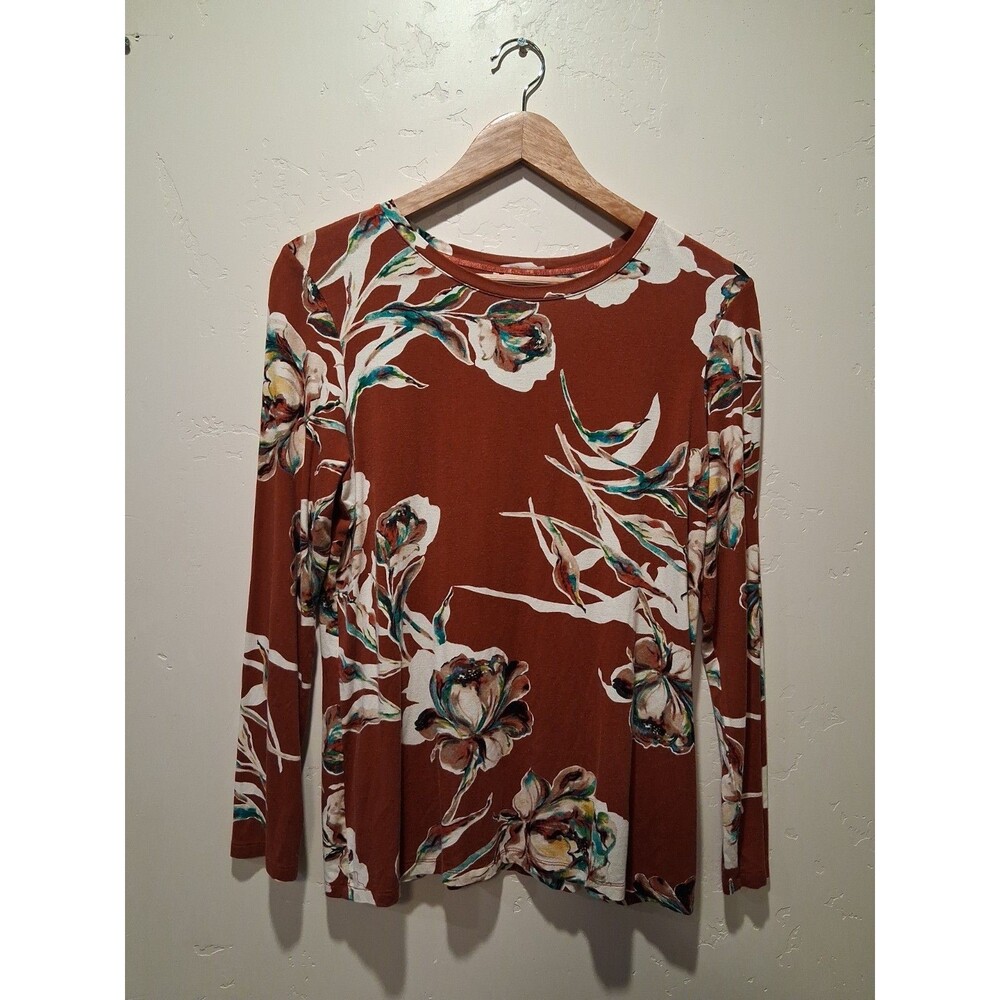 Chico's  Womens Sz 1 (M) Rust Touch Of Cool Floral Layering Long Sleeve Top Fall